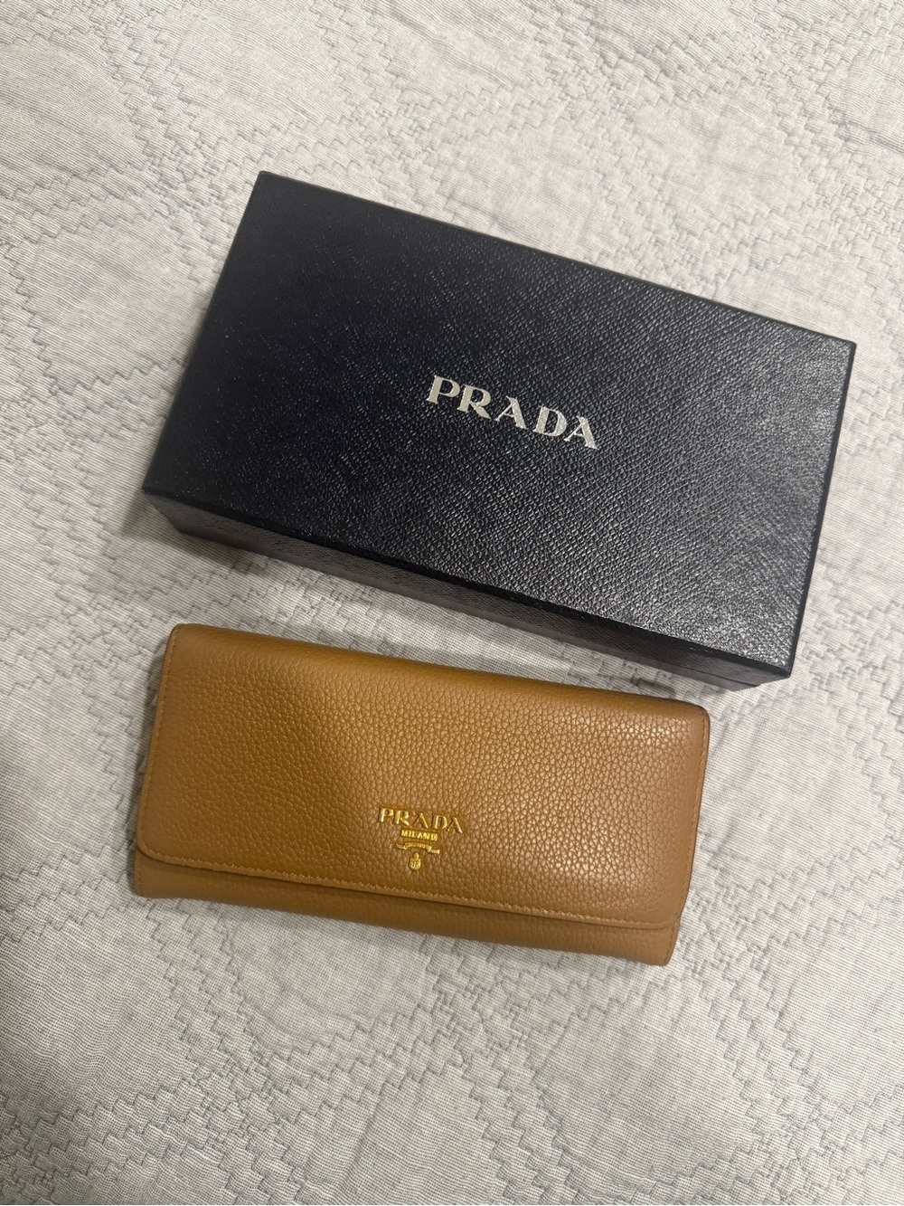 Prada Tan Leather Long Wallet with Gold Logo
